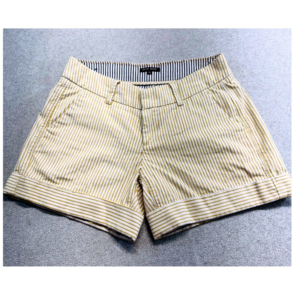 Dear John Womens 26 Yellow White Striped Cuffed Shorts Preppy Chino Coastal